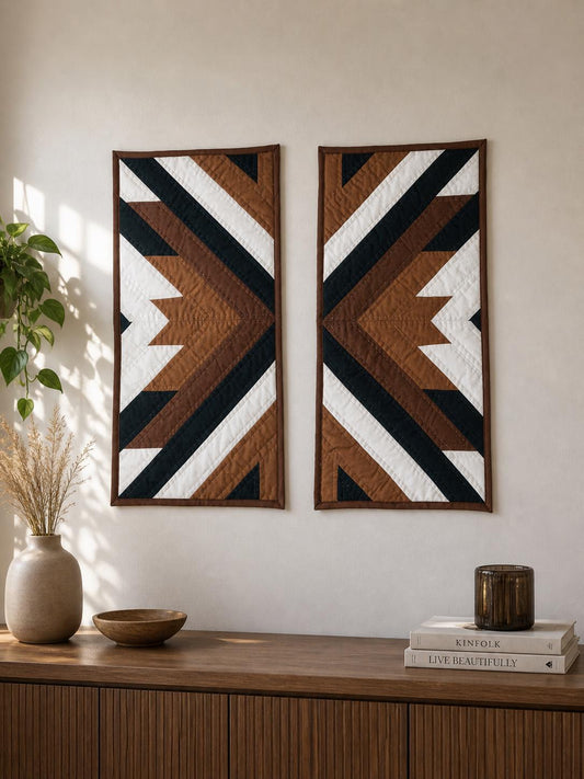 Hand made Hand quilted patchwork wall hanging, Table Topper 10"x20" Barn Broken star quilt- set of 2 by Home Heart brands (Made in India)