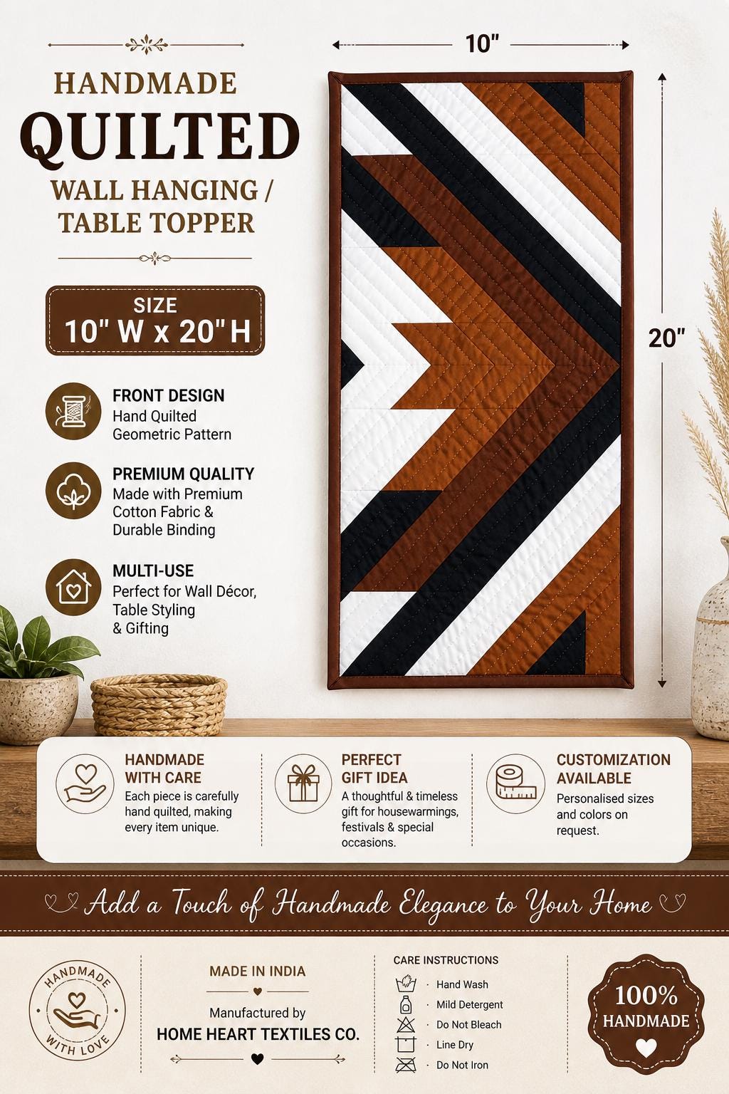 Hand made Hand quilted patchwork wall hanging, Table Topper 10"x20" Barn Broken star quilt- set of 2 by Home Heart brands (Made in India)