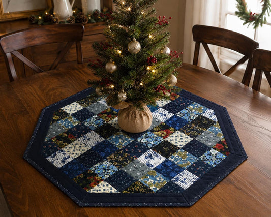 Primitive Calico Floral Blue Multi Square Quilted Octagon Table Topper Tree Mat  Farmhouse Centerpiece by Home Heart Brands (Made in India)