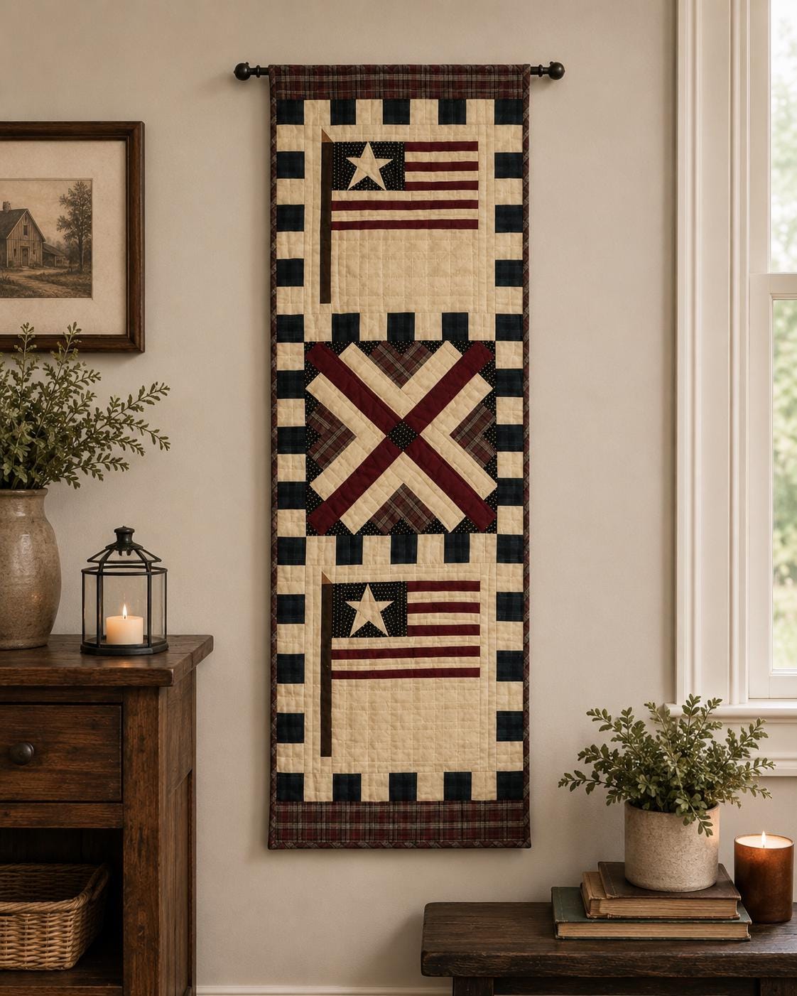 Table runner hand quilted, patchwork, Table Toppers Calico country American flag Patchwork Table runner by HOME HEART Brands(made in INDIA)