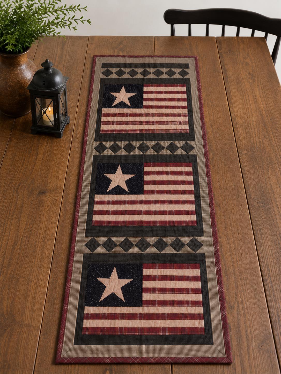 Primitive Americana Flag Quilted Wall Hanging / Table Runner 16"x50" – Rustic Country Farmhouse Decor by HOME HEART Brands(made in INDIA)