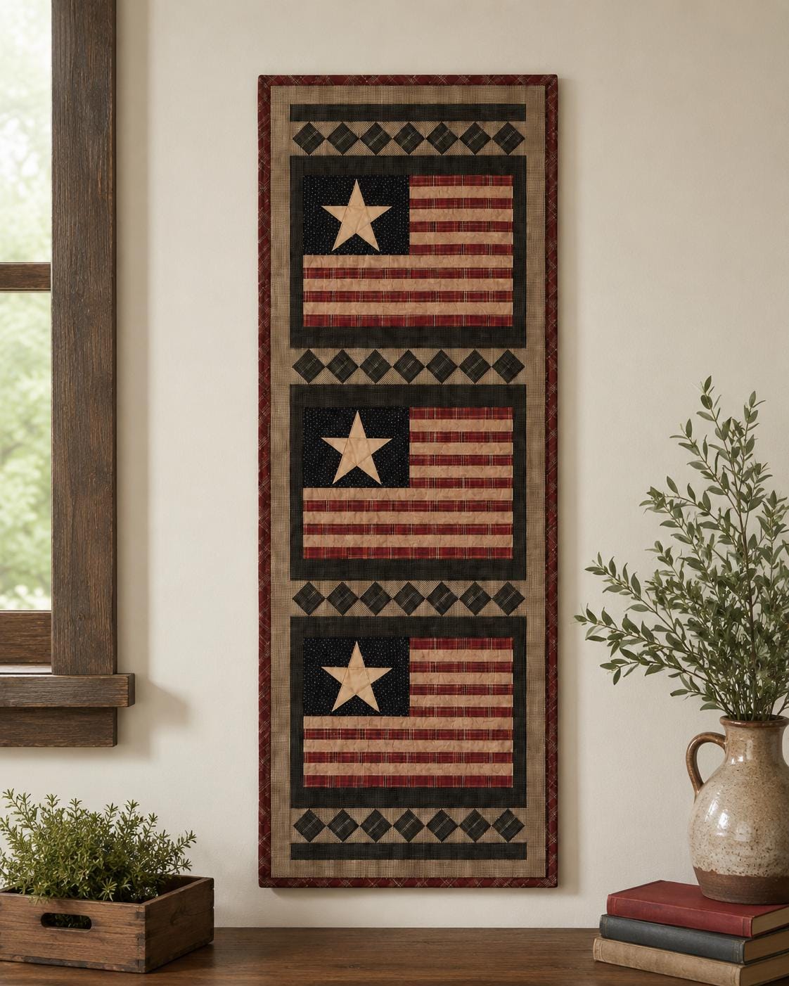 Primitive Americana Flag Quilted Wall Hanging / Table Runner 16"x50" – Rustic Country Farmhouse Decor by HOME HEART Brands(made in INDIA)