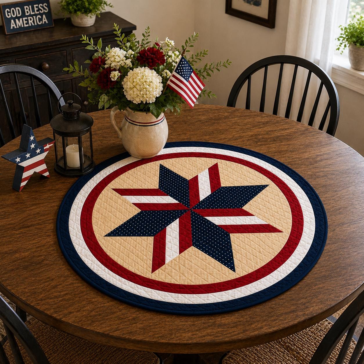 Primitive Americana Star Quilted Table Topper & Wall Hanging,  Country Farmhouse Quilt Decor by Home Heart Brands ( made in India)