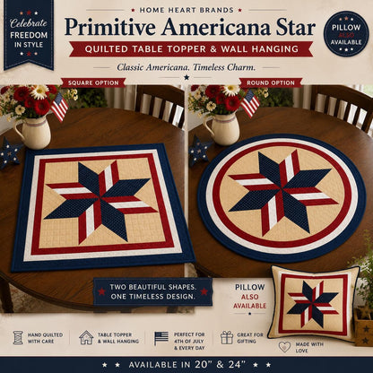 Primitive Americana Star Quilted Table Topper & Wall Hanging,  Country Farmhouse Quilt Decor by Home Heart Brands ( made in India)