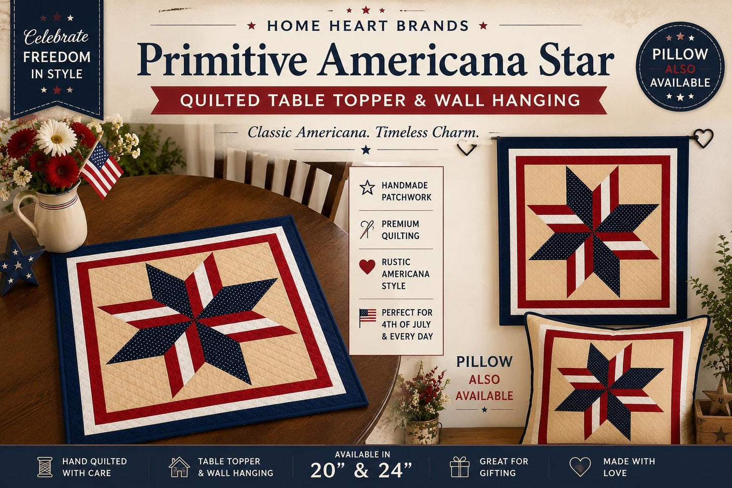 Primitive Americana Star Quilted Table Topper & Wall Hanging,  Country Farmhouse Quilt Decor by Home Heart Brands ( made in India)