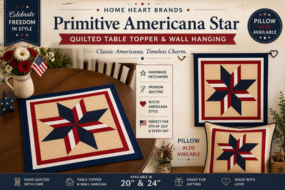 Primitive Americana Star Quilted Table Topper & Wall Hanging,  Country Farmhouse Quilt Decor by Home Heart Brands ( made in India)