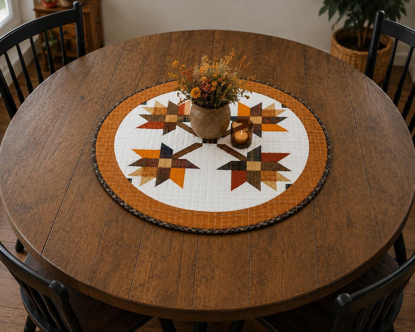Hand made hand quilted round quilt, table accent piece, Table topper Autumn leaves fall quilt Cotton Heirloom Quality by HOME HEART Brands