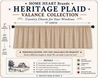Beige Plaid Window Valance 17"x73" , Farmhouse Country Curtain Topper, Rustic Kitchen Window Treatment by HOME HEART BRANDS (Made in India)