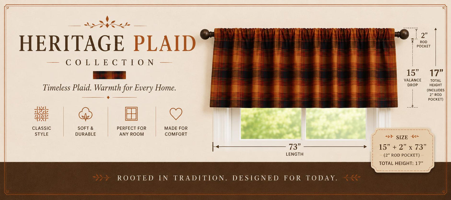 Burnt Rust Plaid Window Valance 17"x73" , Farmhouse Country Curtain Topper, Kitchen Window Treatment by HOME HEART BRANDS (Made in India)