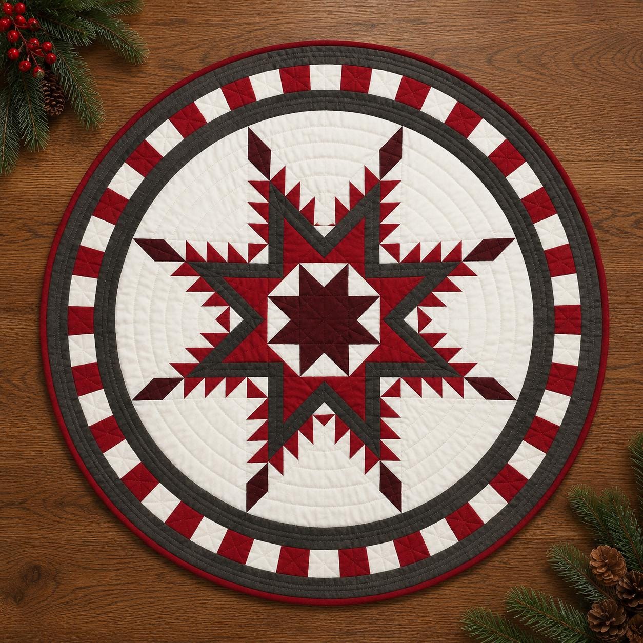 Handmade Hand Quilted Feathered Star Round Table Topper  Patchwork Plaid Quilt | Country Farmhouse Decor | Home Heart Brands | Made in India