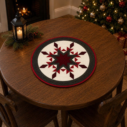 Handmade Hand Quilted Feathered Star Round Table Topper  Patchwork Plaid Quilt | Country Farmhouse Decor | Home Heart Brands | Made in India