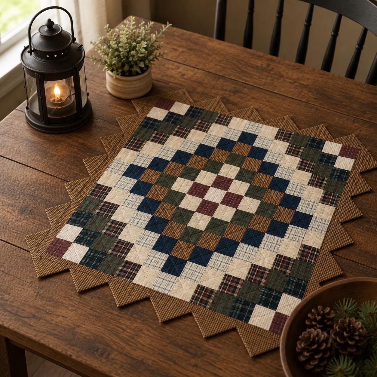 Hand made Hand quilted Throw Quilt, Table Topper Trip Around the World plaid calico zig zag quilt by Home Heart brands (Made in India)
