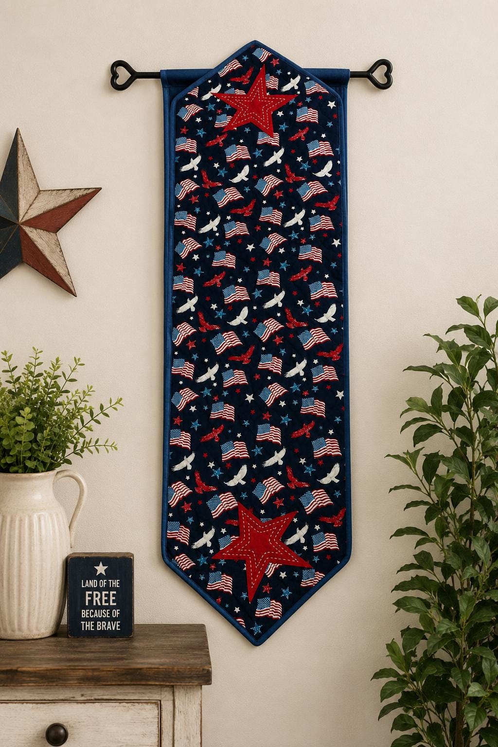 Patriotic Stars & Flags Quilted Table Runner / Wall Hanging, 14"x46" Americana Farmhouse Décor by HOME HEART BRANDS (Made in India)