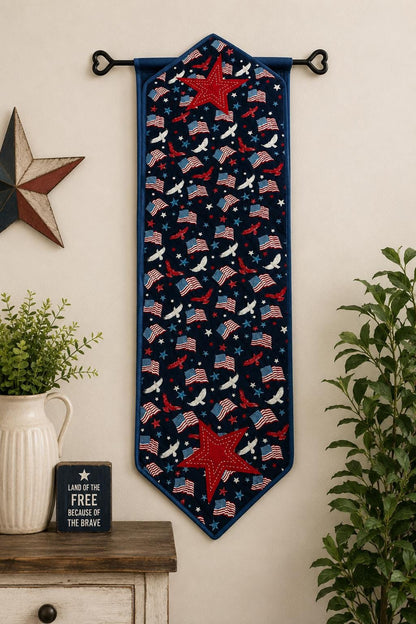 Patriotic Stars & Flags Quilted Table Runner / Wall Hanging, 14"x46" Americana Farmhouse Décor by HOME HEART BRANDS (Made in India)