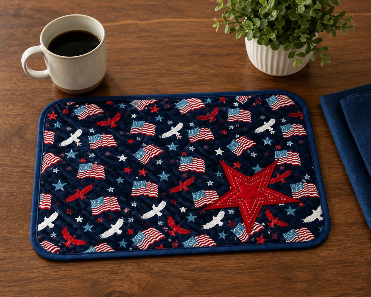 Patriotic Star Quilted Placemat 14"x19" size ,Americana farmhouse mat, Country USA Flag Dining Décor by Home Heart Brands (Made in India)