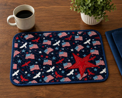 Patriotic Star Quilted Placemat 14"x19" size ,Americana farmhouse mat, Country USA Flag Dining Décor by Home Heart Brands (Made in India)