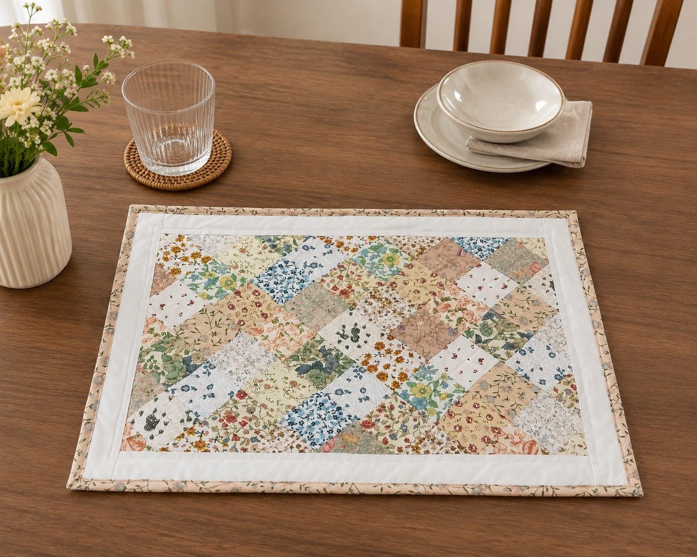 Vintage Calico Floral Quilted Placemats, Patchwork Farmhouse Table Mats, Country Cottage Dining Decor by HOME HEART Brands (Made in India)”