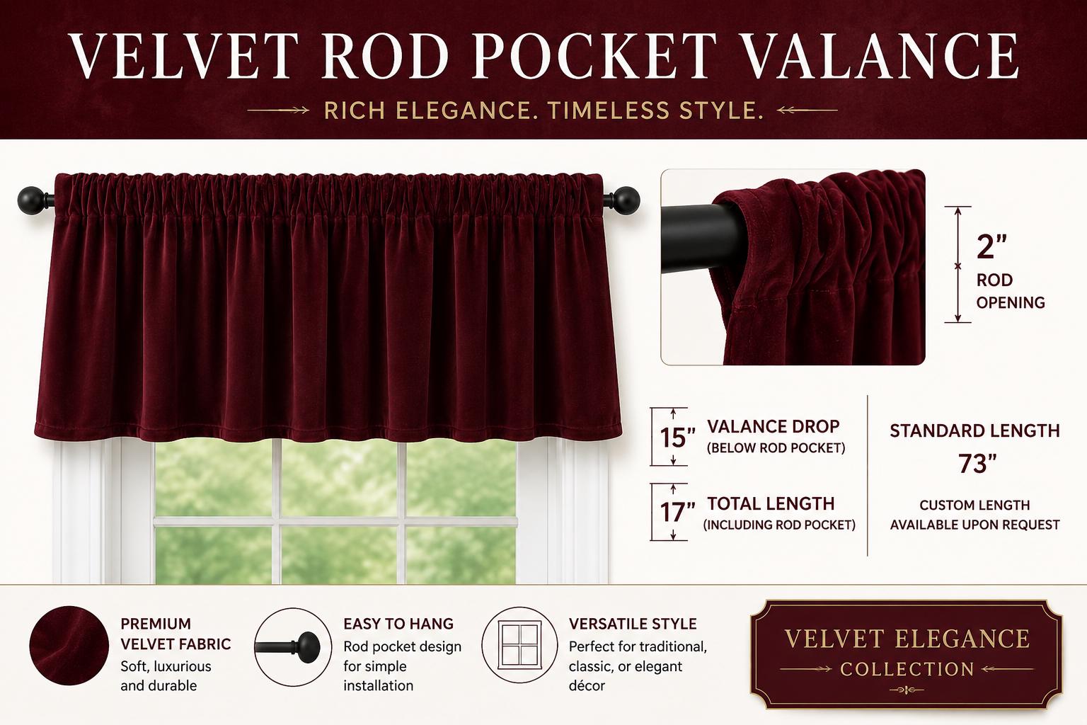 Luxury Burgundy Velvet Rod Pocket Window Valance Custom Size Curtain Valance Farmhouse Velvet Kitchen Window Treatment Home Heart Collection