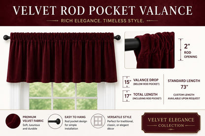 Luxury Burgundy Velvet Rod Pocket Window Valance Custom Size Curtain Valance Farmhouse Velvet Kitchen Window Treatment Home Heart Collection