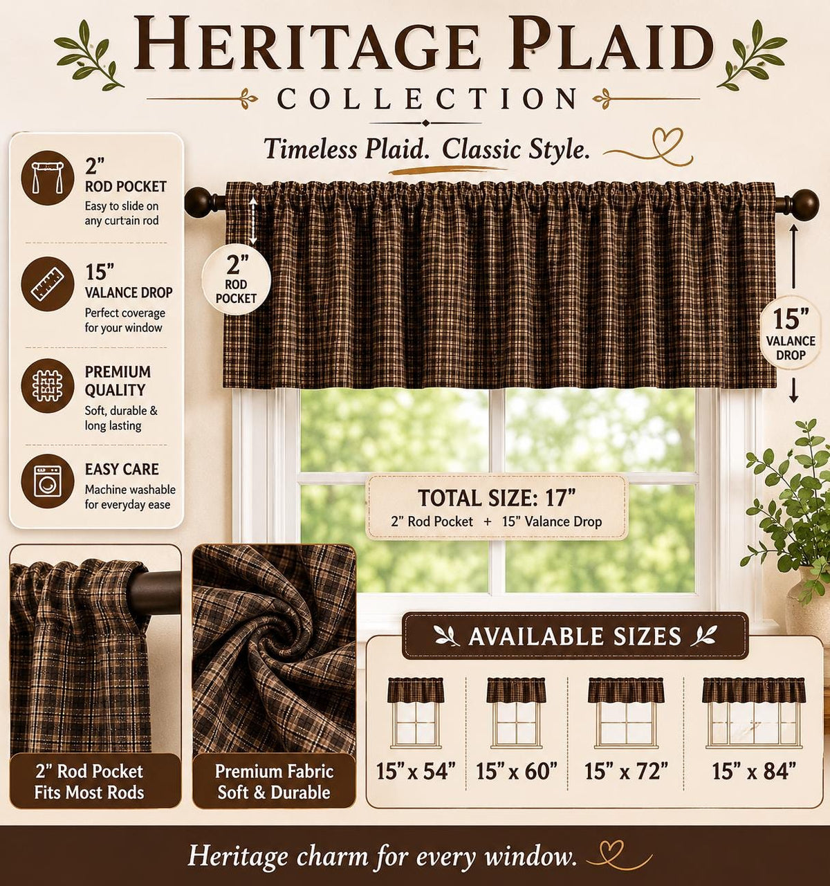 Primitive Plaid Window Valance Farmhouse Rod Pocket Curtain Valance with Khaki Lining Rustic Country Heritage Plaid Collection Made in India