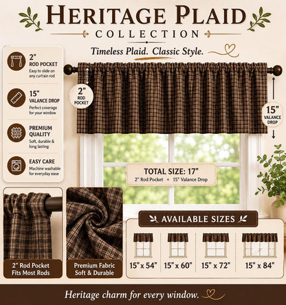 Primitive Plaid Window Valance Farmhouse Rod Pocket Curtain Valance with Khaki Lining Rustic Country Heritage Plaid Collection Made in India