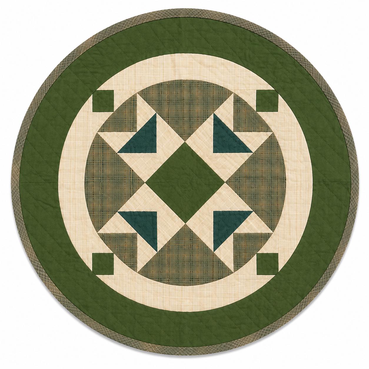 Primitive Flying Geese Green Plaid Round Table Topper, Tree Mat, Christmas Tree Skirt, Hand Quilted by Home Heart Brands (Made in India)