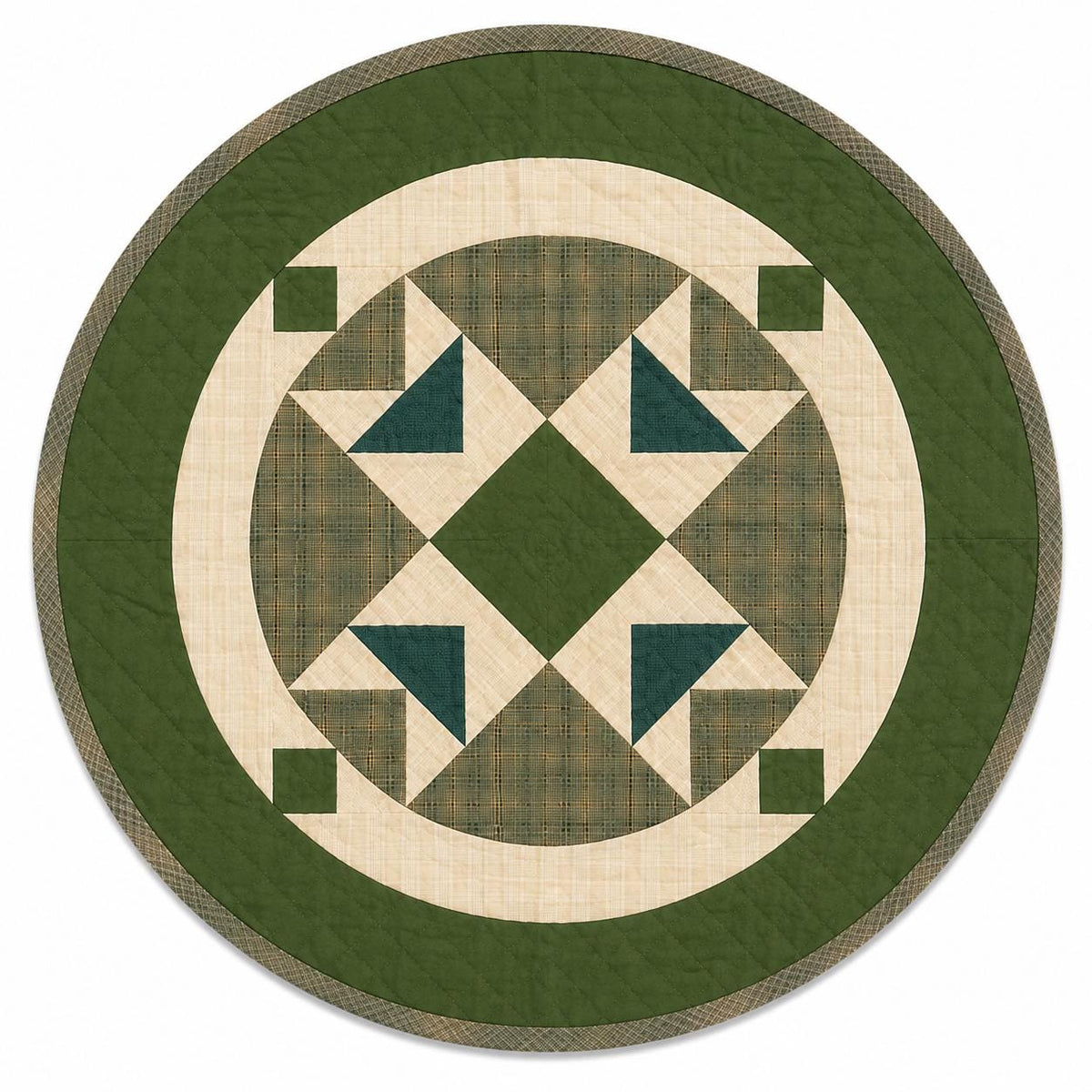 Primitive Flying Geese Green Plaid Round Table Topper, Tree Mat, Christmas Tree Skirt, Hand Quilted by Home Heart Brands (Made in India)