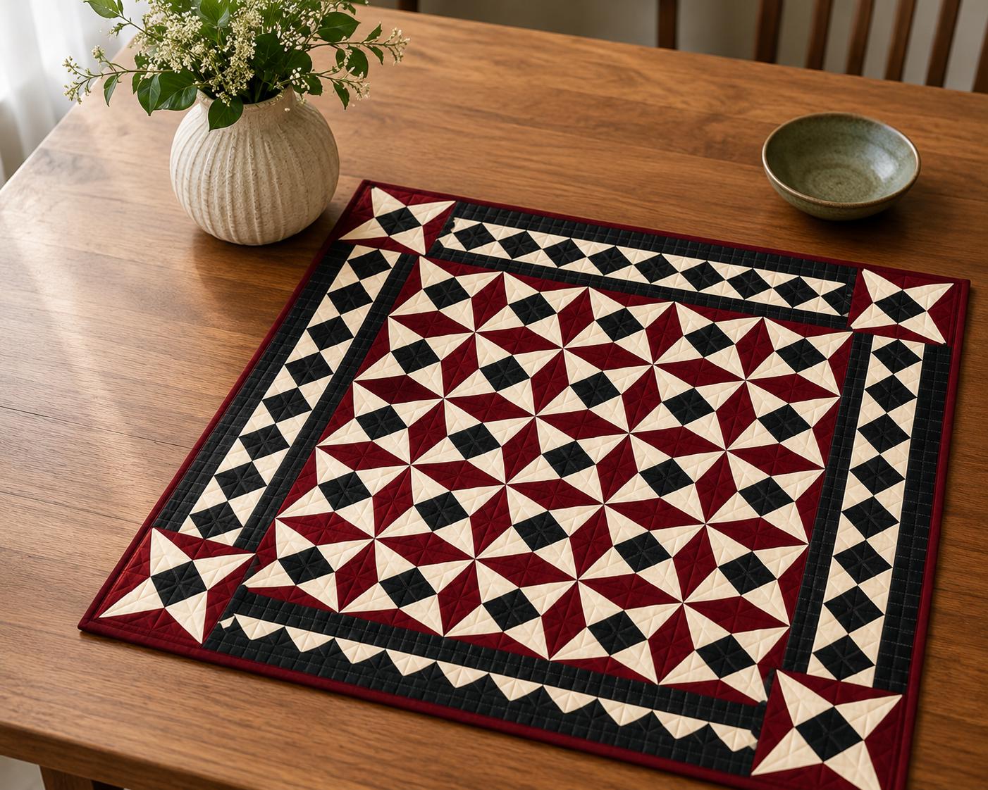 Primitive Spinning Wheel Quilt Hand Quilted Wall Hanging & Table Topper Plaid Country quilt decor by Home Heart Brands (Made in India)