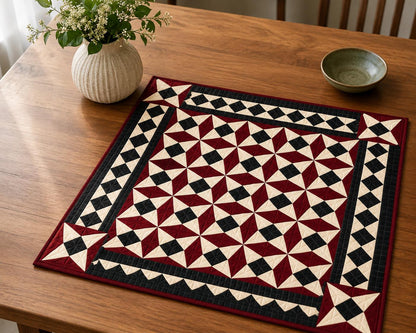 Primitive Spinning Wheel Quilt Hand Quilted Wall Hanging & Table Topper Plaid Country quilt decor by Home Heart Brands (Made in India)