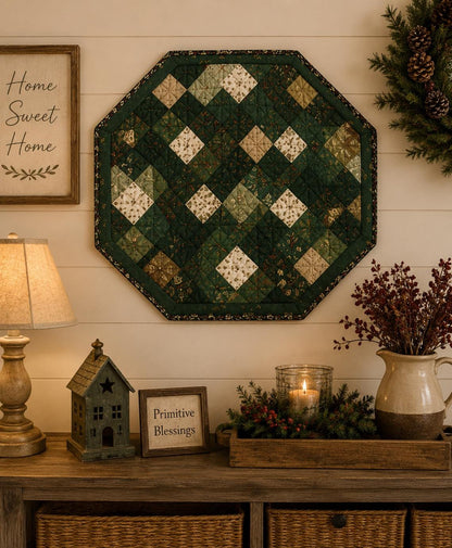 Primitive Calico Floral Green Multi Square Quilted Octagon Table Topper Tree Mat  Farmhouse Centerpiece by Home Heart Brands (Made in India)