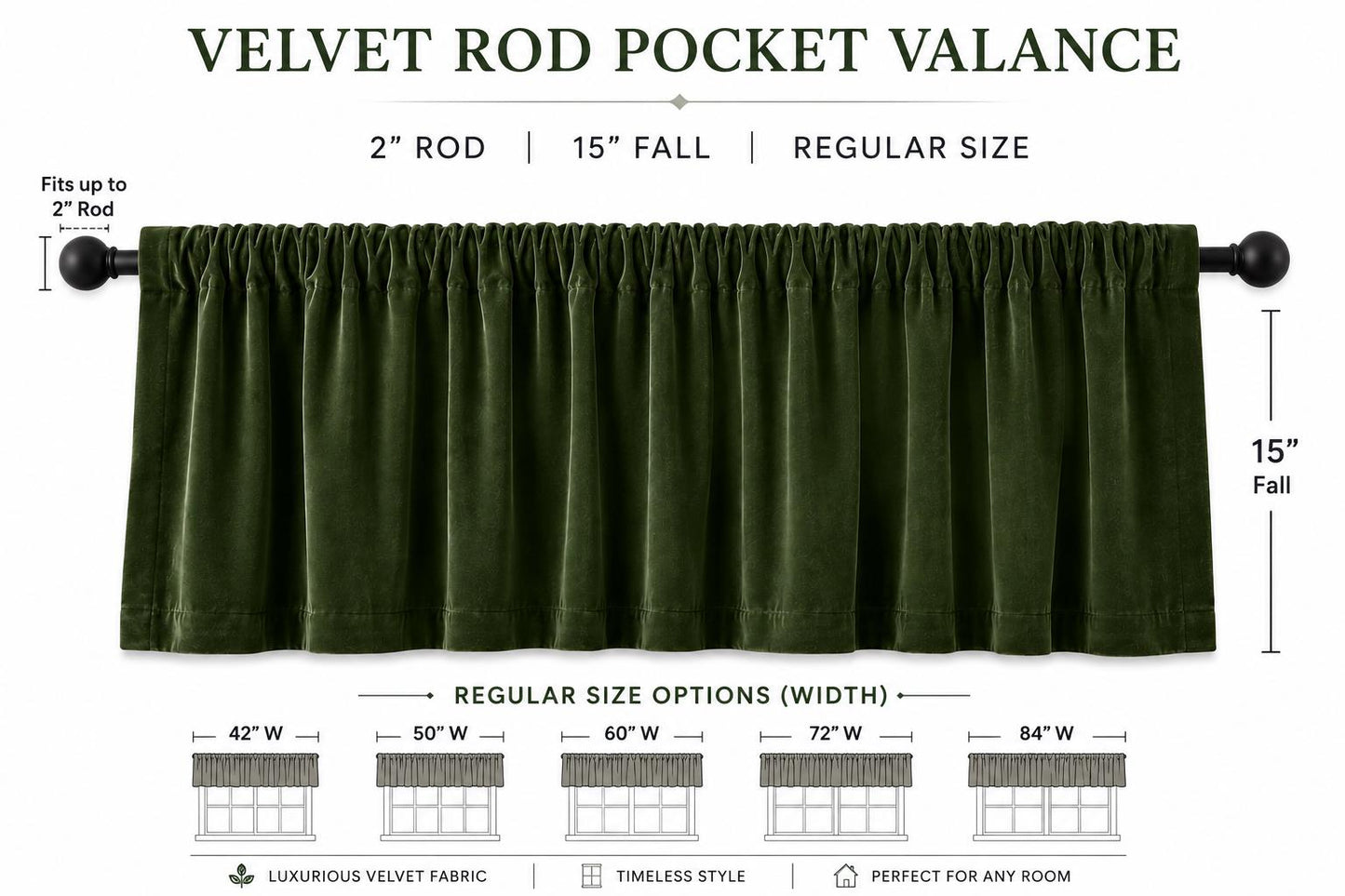 Luxury olive green Velvet Rod Pocket Window Valance Curtain Valance Farmhouse Velvet Kitchen Window Treatment Home Heart Collection
