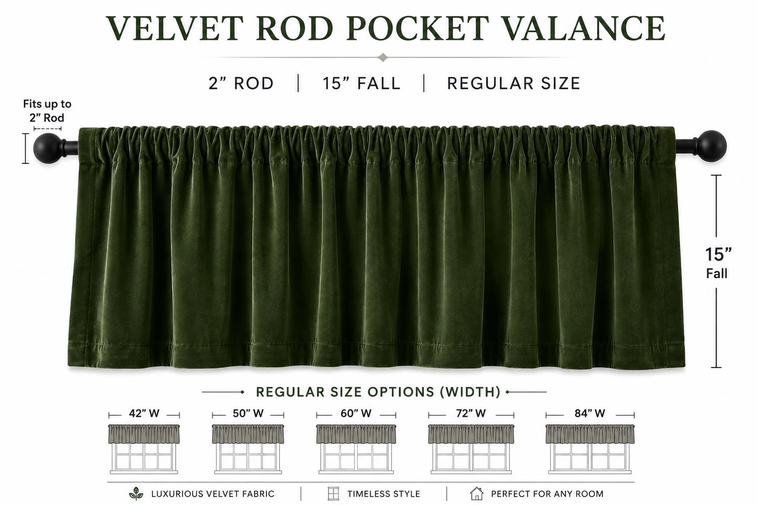 Luxury olive green Velvet Rod Pocket Window Valance Curtain Valance Farmhouse Velvet Kitchen Window Treatment Home Heart Collection