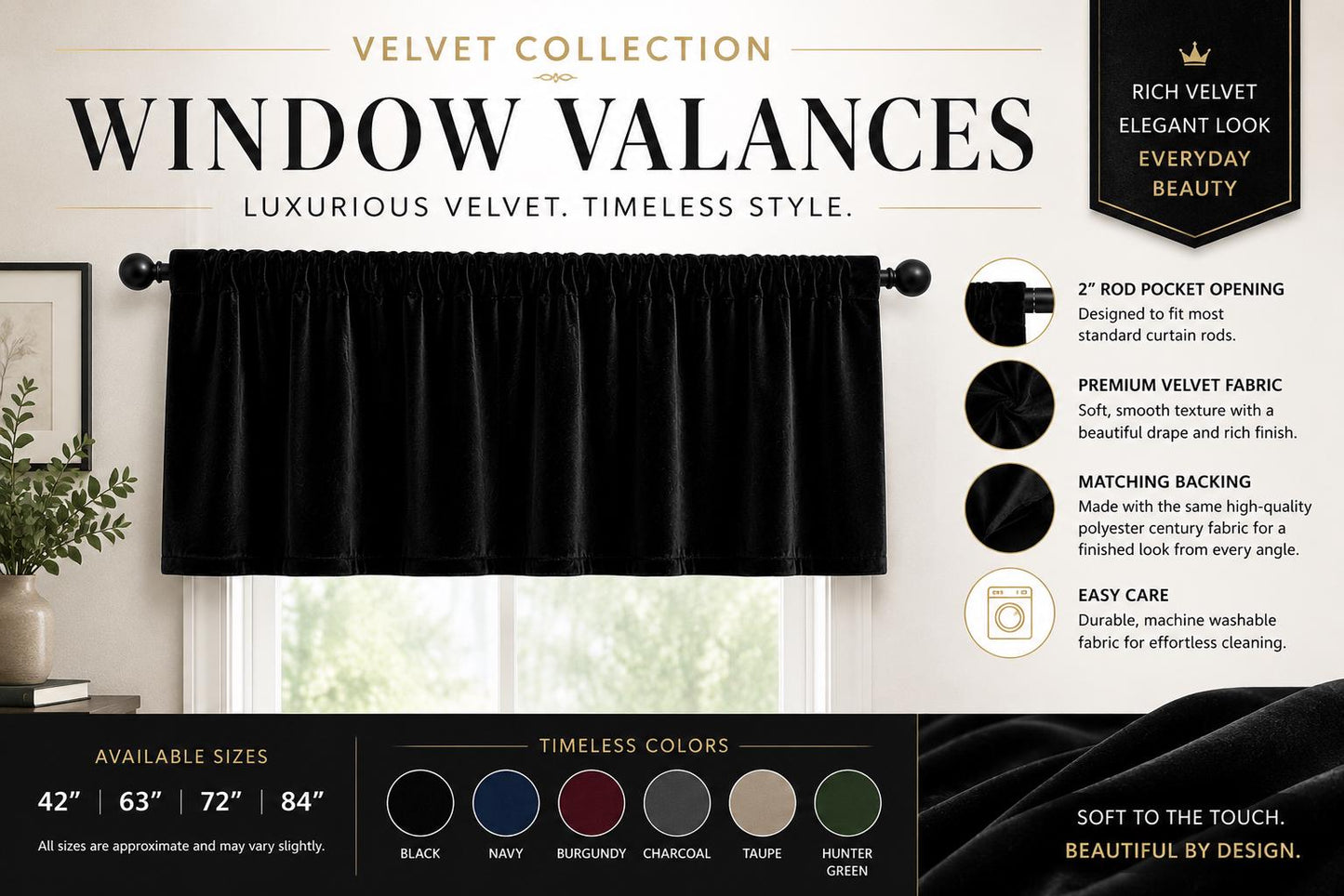 Luxury Black Velvet Rod Pocket Window Valance Curtain Valance Farmhouse Velvet Kitchen Window Treatment Home Heart Collection