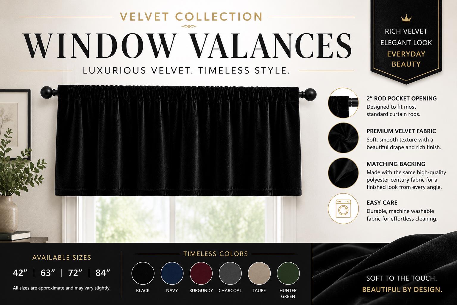 Luxury Black Velvet Rod Pocket Window Valance Curtain Valance Farmhouse Velvet Kitchen Window Treatment Home Heart Collection