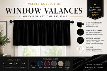 Luxury Black Velvet Rod Pocket Window Valance Curtain Valance Farmhouse Velvet Kitchen Window Treatment Home Heart Collection