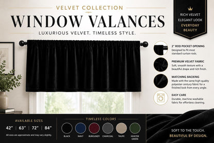 Luxury Black Velvet Rod Pocket Window Valance Curtain Valance Farmhouse Velvet Kitchen Window Treatment Home Heart Collection