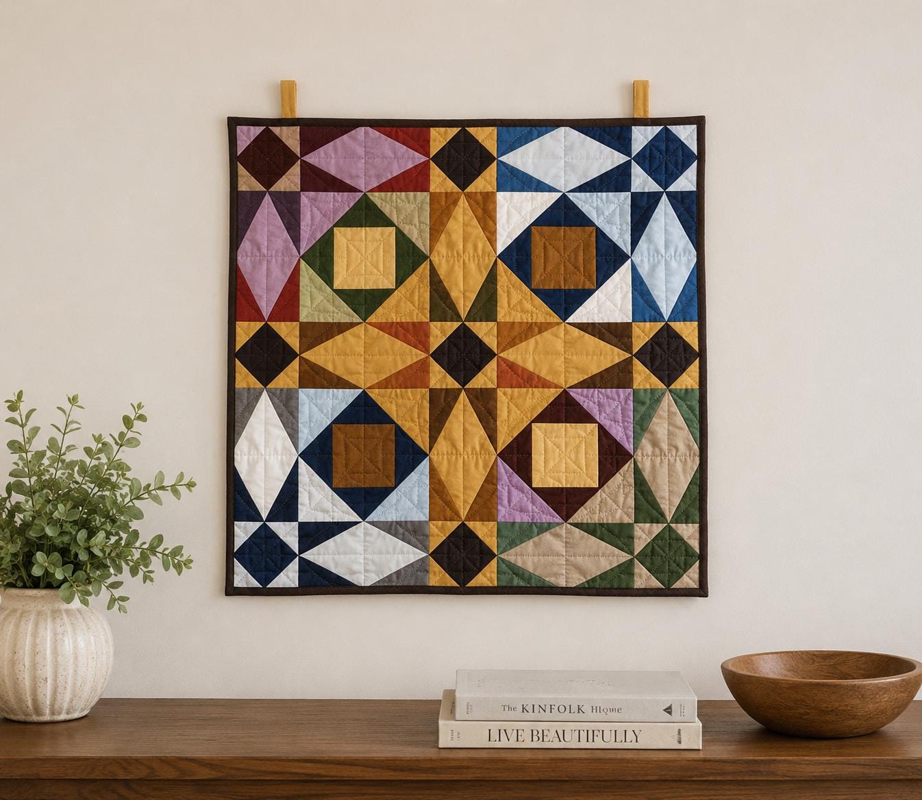 Primitive Patchwork Star Quilted Square Table Topper, Tree Mat , Wall Hanging Farmhouse Geometric Decor by Home Heart Brands (Made in India)