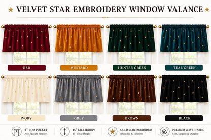 Velvet Star Embroidered Window Valance Gold Star Velvet Valance 2" Rod Pocket Custom Widths Farmhouse Window Treatment by Home Heart Brands