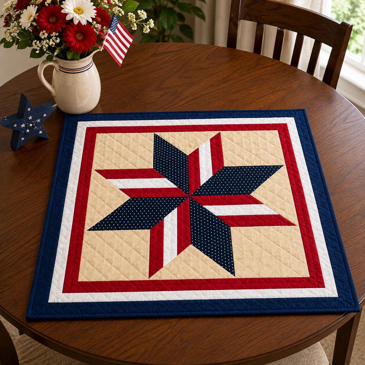 Primitive Americana Star Quilted Table Topper & Wall Hanging,  Country Farmhouse Quilt Decor by Home Heart Brands ( made in India)