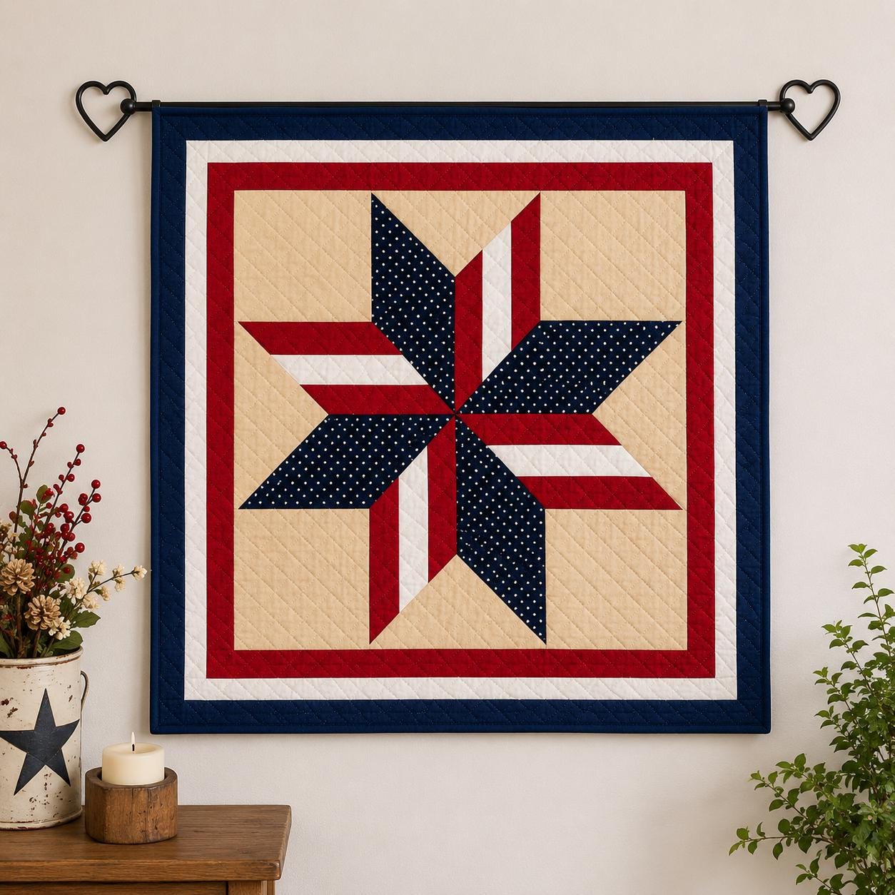 Primitive Americana Star Quilted Table Topper & Wall Hanging,  Country Farmhouse Quilt Decor by Home Heart Brands ( made in India)