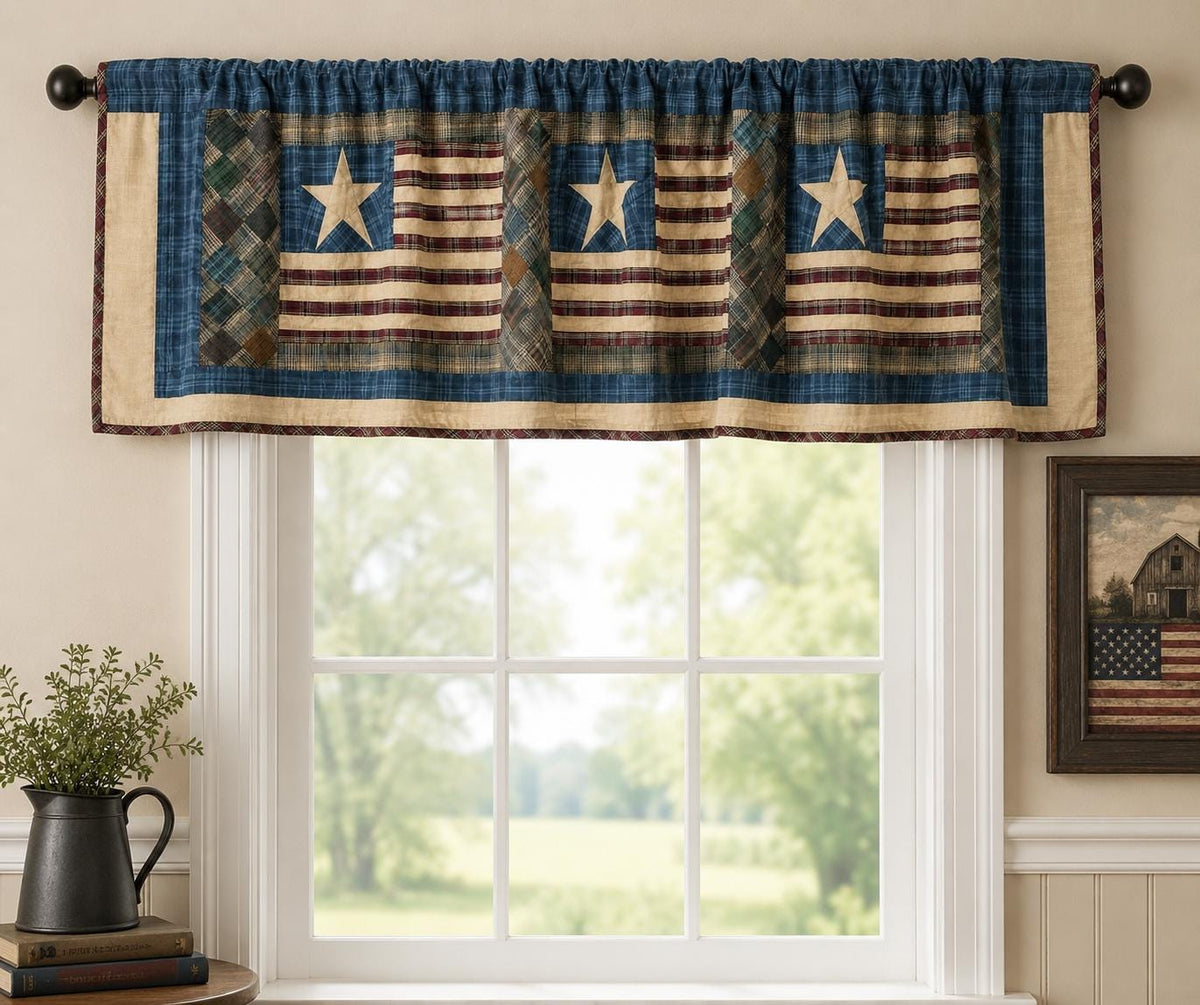 Primitive Americana Flag Patchwork Window Valance – Rustic Country Farmhouse Curtain Topper 73"x17" by Home Heart Brands