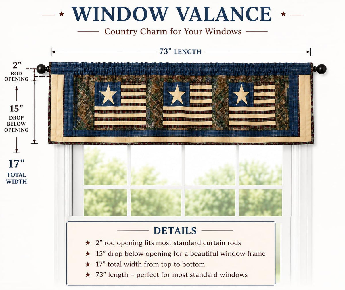 Primitive Americana Flag Patchwork Window Valance – Rustic Country Farmhouse Curtain Topper 73"x17" by Home Heart Brands