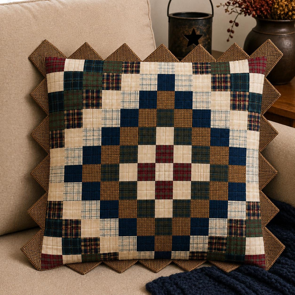 Trip Around The World Zig Zag quilted Patchwork Pillow Cover Primitive Farmhouse Quilt Cushion Sham by HOME HEART BRANDS (Made in India)