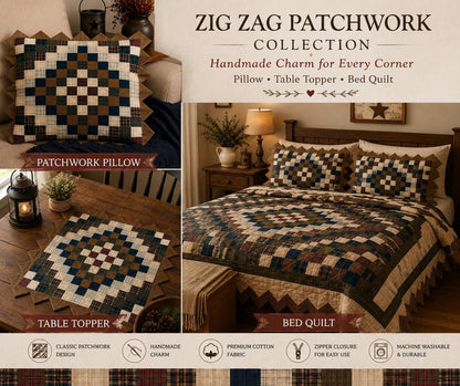 Trip Around The World Zig Zag quilted Patchwork Pillow Cover Primitive Farmhouse Quilt Cushion Sham by HOME HEART BRANDS (Made in India)
