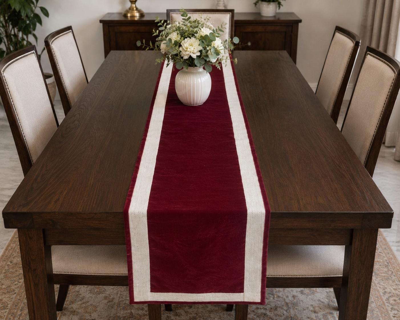Burgundy Micro Velvet Table Runner with Ivory Lurex Jute Border Rustic Luxury Farmhouse Dining Decor by Home Heart Brands(made in INDIA)