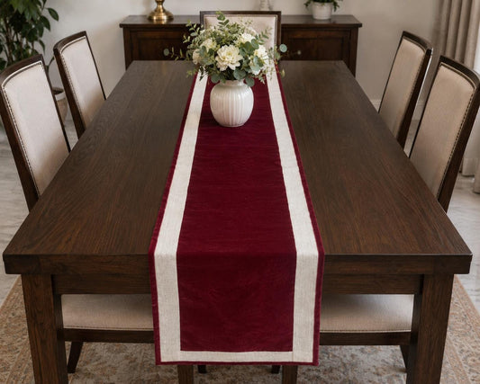 Burgundy Micro Velvet Table Runner with Ivory Lurex Jute Border Rustic Luxury Farmhouse Dining Decor by Home Heart Brands(made in INDIA)
