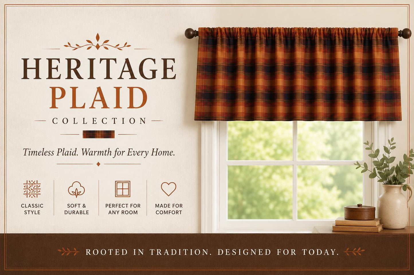 Burnt Rust Plaid Window Valance 17"x73" , Farmhouse Country Curtain Topper, Kitchen Window Treatment by HOME HEART BRANDS (Made in India)