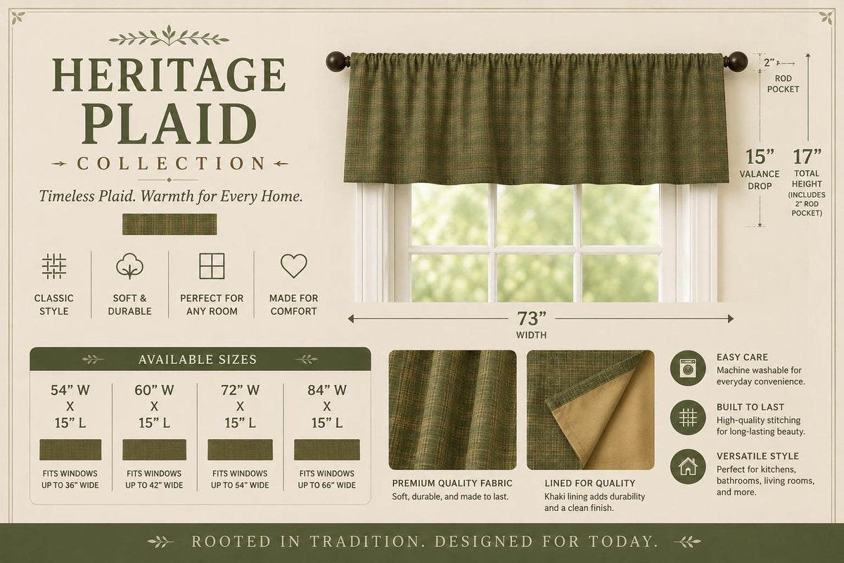 Heritage Green Plaid Window Valance 17"x73" Farmhouse Country Curtain Topper, Kitchen Window Treatment by HOME HEART BRANDS (Made in India)