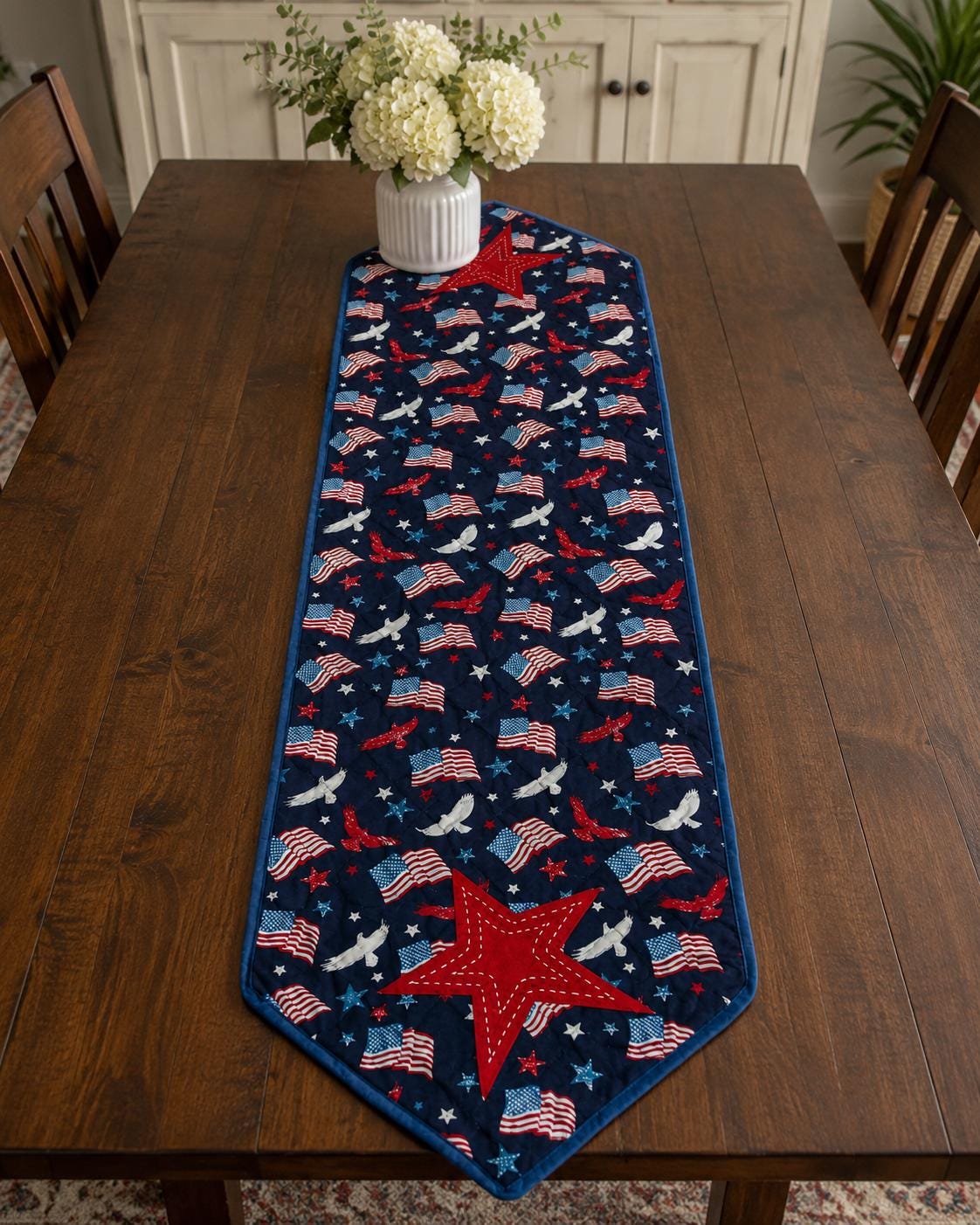 Patriotic Stars & Flags Quilted Table Runner / Wall Hanging, 14"x46" Americana Farmhouse Décor by HOME HEART BRANDS (Made in India)
