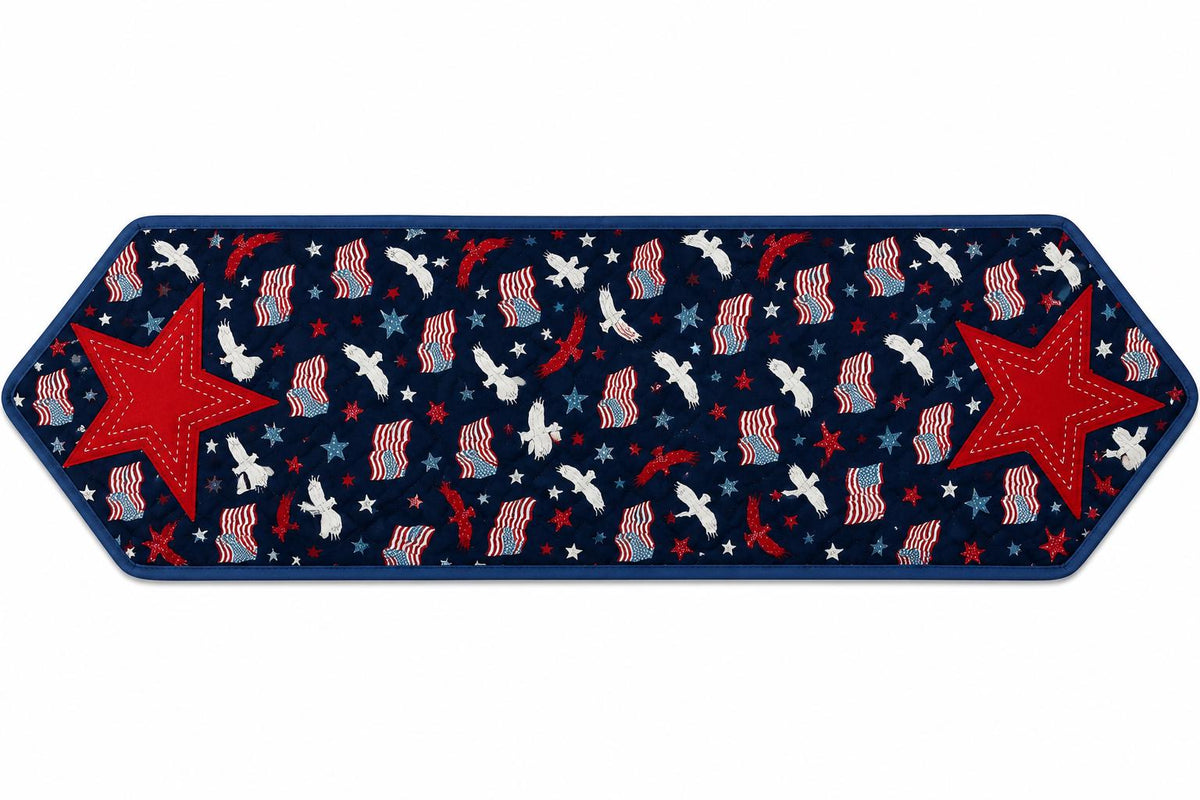 Patriotic Stars & Flags Quilted Table Runner / Wall Hanging, 14"x46" Americana Farmhouse Décor by HOME HEART BRANDS (Made in India)